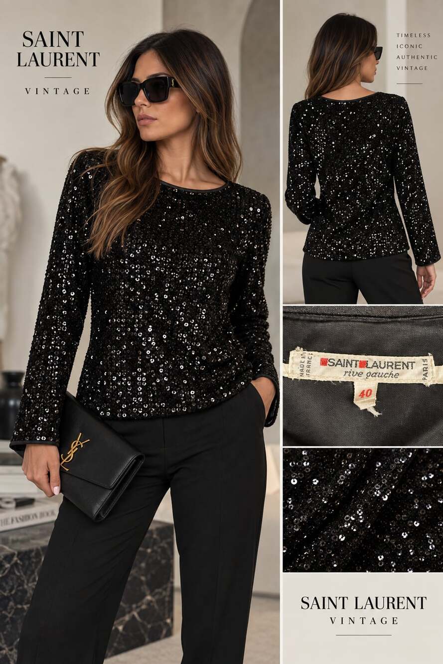 Womens Saint Laurent Rive Gauche Vintage Black Sequin Long Sleeve Top